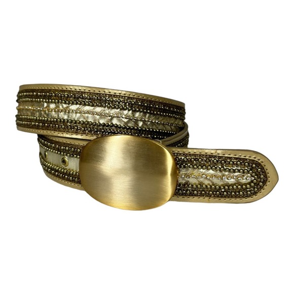 Chicos Gold Metallic Beaded Embellished Leather Belt Small Boho Western Glam - Picture 1 of 5